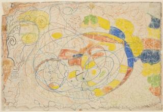 Augustin Lesage, Sans titre, 1912, dessin à la craie grasse et crayon de couleur sur papier, 35 x 52,1 cm, N° INV 2000.5.3 © LaM Lille Métropole Musée d’art moderne, d’art contemporain et d’art brut de la Métropole Européenne de Lille – Crédit photographique Nicolas Dewitte / LaM